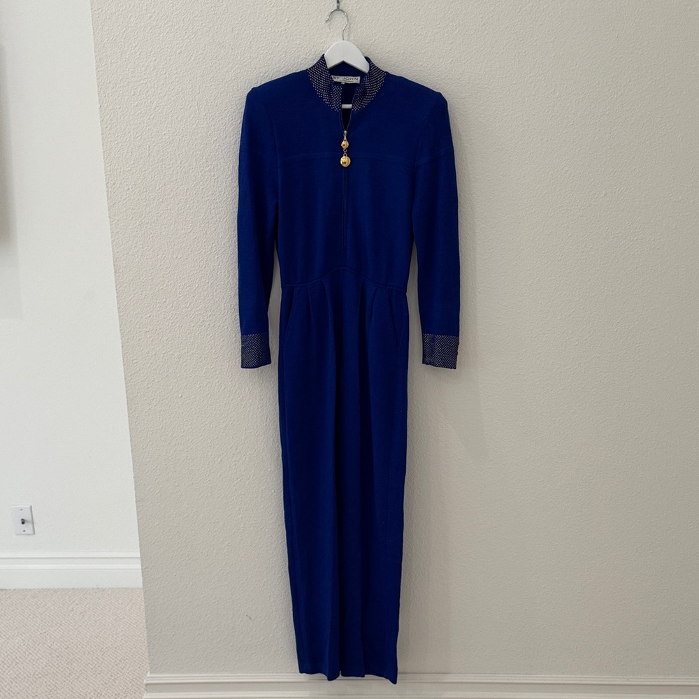ST. JOHN | Blue Gold Knitted Long Sleeve Jumpsuit Medium 6